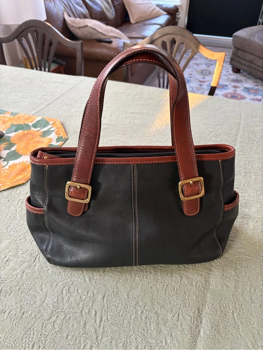 Fossil Black Handbag with Brown Leather Trim